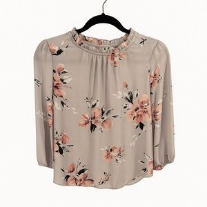 ELLE Women’s XS Floral Ruffle Neck Blouse Work Wear Office Brunch Top